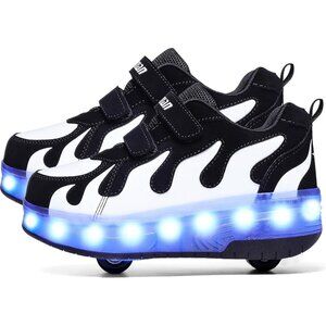 Kids Black/white Usb Chargeable Led Light Up Wheeled Skate Sneaker Shoes